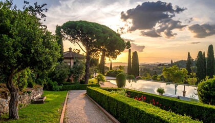 Fototapeta premium Scenic sunset over a formal garden with trees and a reflecting pool