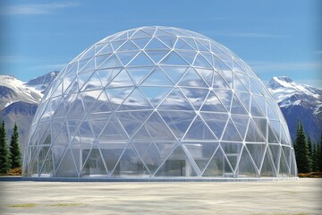 Fototapeta premium Large glass geodesic dome structure on a base, nestled amongst mountains