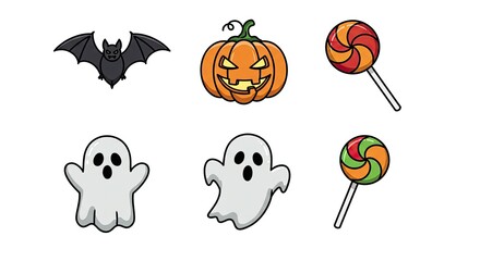 Spooky Halloween icons featuring a playful bat, grinning jack-o-lantern, friendly ghosts, and colorful swirling lollipops perfect for festive designs and celebrations