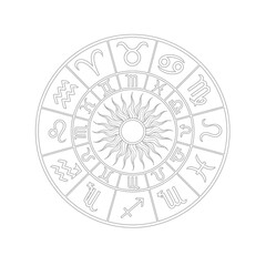 Astrological Wheel with Twelve Zodiac Symbols Complex Celestial Mandala Adult Coloring