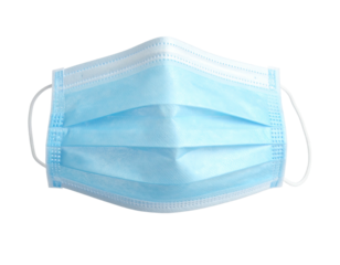 A disposable, blue face covering with white ear loops against a black backdrop