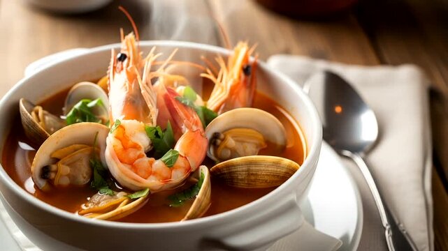 A vibrant seafood dish featuring shrimp and clams in a rich broth, garnished with herbs, served on a rustic wooden table