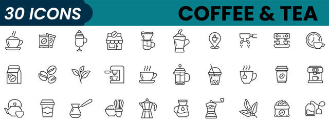 Set of 30 outline icons related to coffee and tea. Linear icon collection. Editable stroke. Vector illustration
