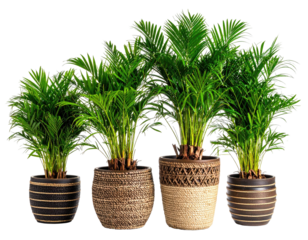 Four healthy plants in decorative pots against a transparent background