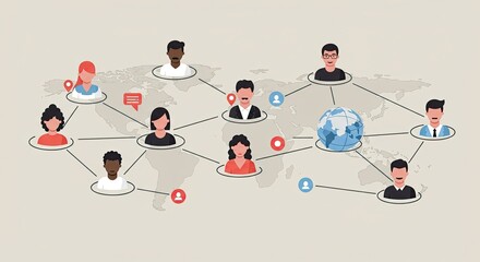 Diverse global team connecting digitally across the world, fostering international collaboration and communication for modern business success.