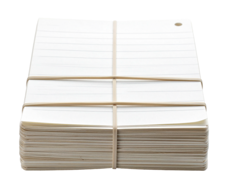 Stack of lined paper sheets secured by rubber bands on a black background