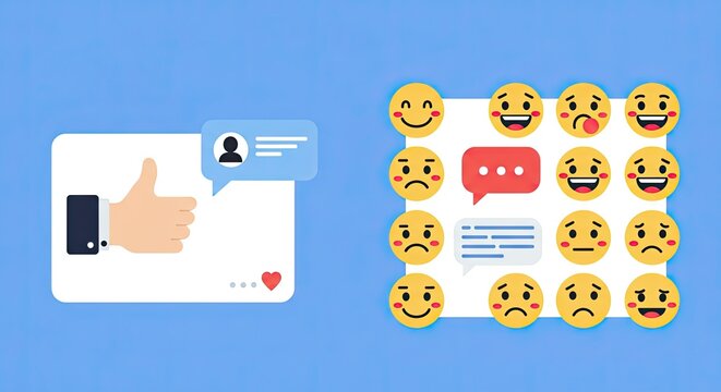 Social media engagement concept with thumbs up, profile icon, speech bubbles, and diverse emoji expressions for online communication
