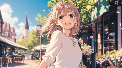 笑顔のアニメ美少女と花束の街歩き｜明るい街並みと青空の中で輝く青春シーン