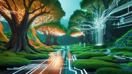 Tech-Enhanced Nature Scene with Glowing Circuit Paths and Lush Greenery