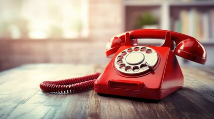 Vintage red rotary phone on wooden table