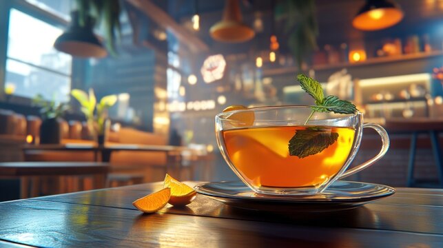 Warm tea in a glass cup,  lit cafe interior