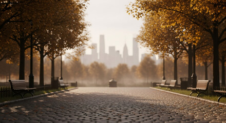 Experience a serene autumn morning in Central Park with a stunning city skyline backdrop, perfect for travel blogs or urban lifestyle content