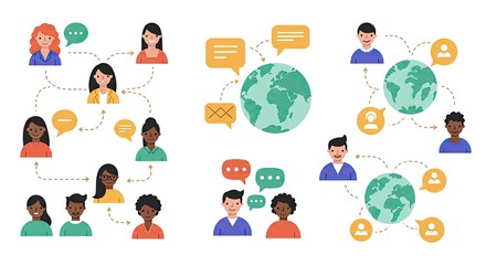 Global communication and networking concept with diverse people connected by speech bubbles and world map, teamwork and social connection