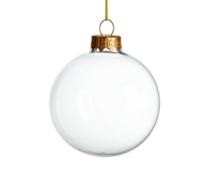 Shiny, clear glass sphere Christmas ornament hanging on a gold ribbon against black