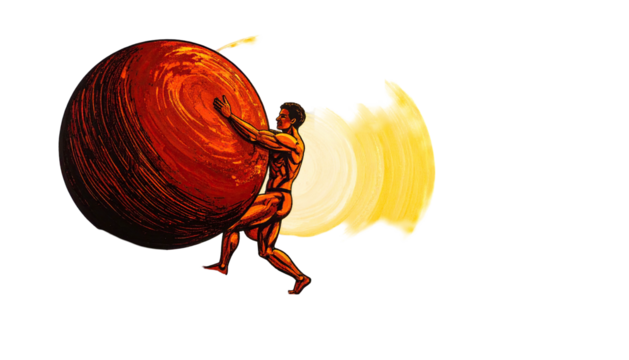 Muscular figure pushing large, swirling red sphere against a bright, yellow backdrop - Powered by Adobe