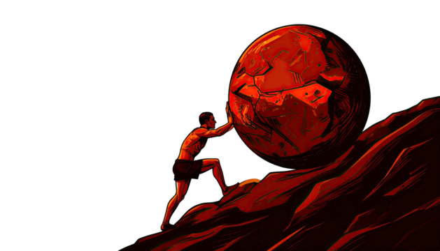 A muscular figure struggles to push a large, red boulder up a steep incline