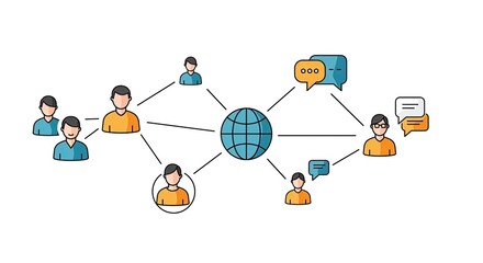 Global communication network connecting people with speech bubbles, representing online collaboration, social media, and worldwide interaction