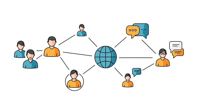Global communication network connecting people with speech bubbles, representing online collaboration, social media, and worldwide interaction