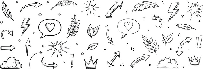 Hand Drawn Sketch Style Doodle Design Elements Arrows Feathers Lightnings Stars Isolated