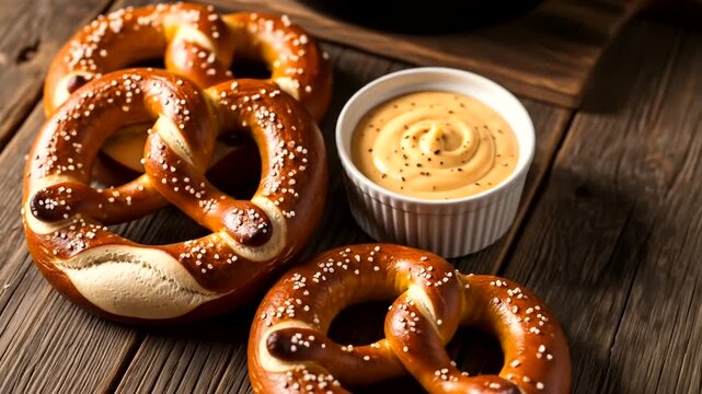Freshly baked soft pretzels served with creamy mustard dip on a rustic wooden table, inviting snack