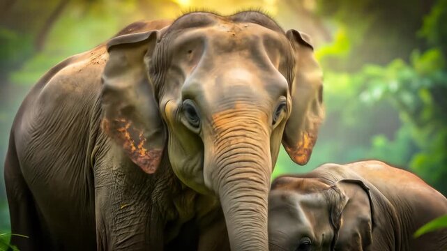 Asian Elephant Mother and Her Adorable Calf in the Jungle.