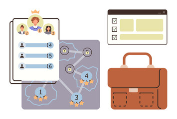 Leaderboard with ranked profiles, workflow map with progress nodes, checklist interface, and briefcase. Ideal for teamwork, task tracking, project planning, productivity, leadership goal setting