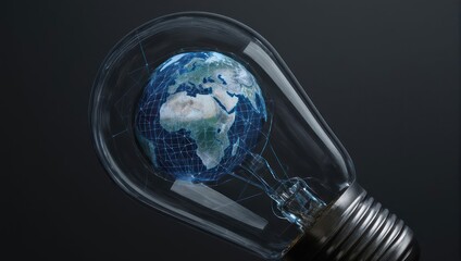 Globe of Earth encased in a transparent lightbulb, representing global innovation & energy