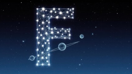 Graphic representation of the letter "F" made of stars and planets on a night sky background