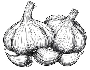 Detailed sketch of two garlic heads and cloves
