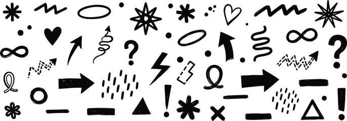Hand Drawn Doodle Collection Arrows Stars Hearts Isolated on Transparent Black and White Vector Elements