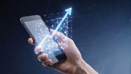 Hand holding smart device with an upward trending arrow graphic