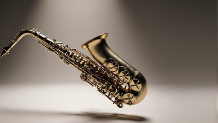 Golden saxophone, meticulously lit, captured in a dynamic perspective, floating in a neutral background