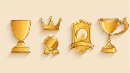 Golden assortment trophies, crown, medal, and shield, representing achievement and excellence on a light background