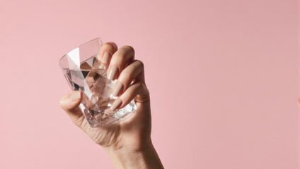 Hand with painted nails holding a faceted glass of water against a soft pink backdrop
