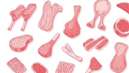 Hand-drawn illustration of assorted raw meat cuts, shadow effect, isolated on white