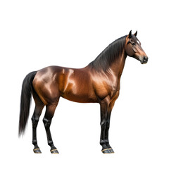 Obraz premium A brown horse with black legs and tail, standing on a white background transparent, alpha background png