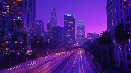Fototapeta premium Neon city lights under purple twilight 