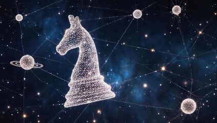 Illuminated chess piece amid starry backdrop, interconnected dots, and celestial bodies in digital art