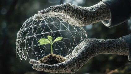 Human hands cradle a sprouting plant within a wireframe sphere, blurred background