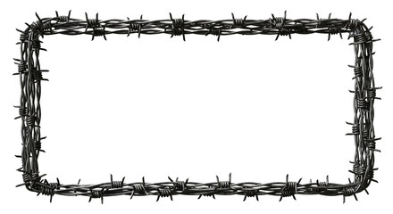 A rectangular frame made of sharp barbed wire creating a border, symbolizing confinement, restriction, and imprisonment on a white background