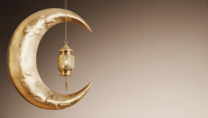 Golden crescent moon with decorative lantern on a gradient background