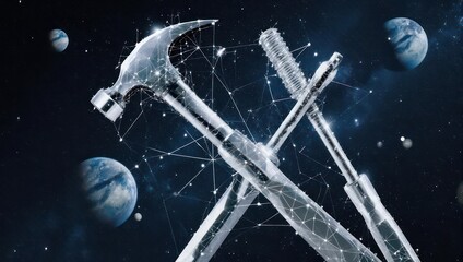 Hammer and screw merge with space, representing innovation and construction