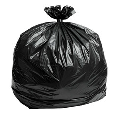 A large, filled black bag, likely for waste, with a knotted top, against a plain white background