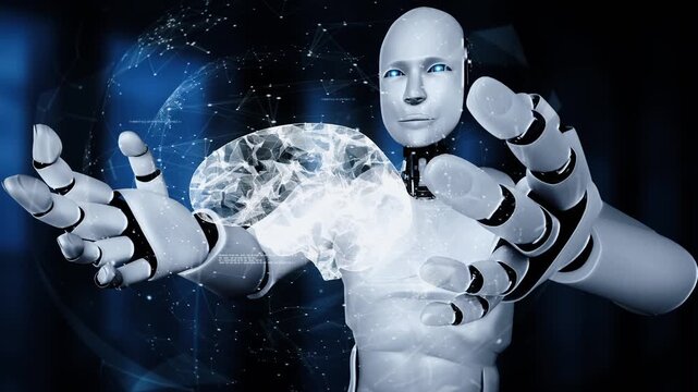 AI hominoid robot holding virtual hologram screen showing concept of AI brain and artificial intelligence thinking by machine learning process. 3D rendering.