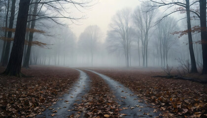 Obraz premium Enigmatic forest path shrouded in mist and fallen leaves, evoking feelings of mystery and solitude in a tranquil, autumn landscape