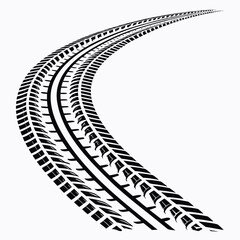 Detailed black tire tracks with a repeating tread pattern curving on a clean white background