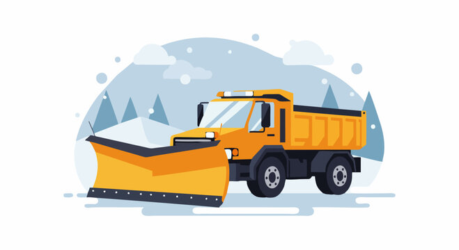 Yellow snowplow truck clearing a road in winter illustration.