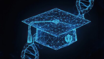 Glowing digital graduation cap and DNA strands rendered in blue hues against a dark backdrop