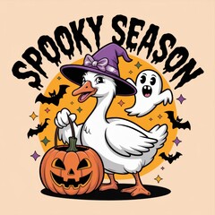 Obraz premium A whimsical illustration of a goose wearing a witch's hat, holding a pumpkin, surrounded by ghosts and bats, celebrating the spooky season of Halloween.