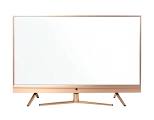 Gold-toned flat-screen TV with modern stand, blank screen reflecting light